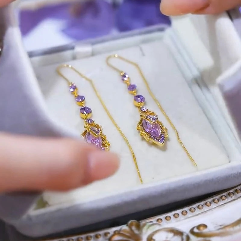 Fashionable and elegant 's purple maple leaf Artificial Crystal tassel earrings