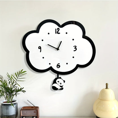 Acrylic Cloud Panda Wall Clock with Swinging Panda, Cartoon Silent Non-Ticking Decorative Wall Clock, Irregular Shape,