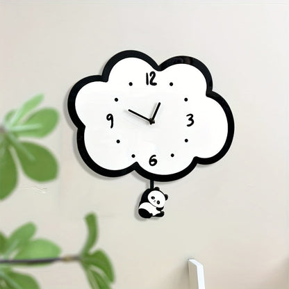 Acrylic Cloud Panda Wall Clock with Swinging Panda, Cartoon Silent Non-Ticking Decorative Wall Clock, Irregular Shape,