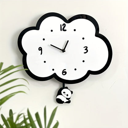 Acrylic Cloud Panda Wall Clock with Swinging Panda, Cartoon Silent Non-Ticking Decorative Wall Clock, Irregular Shape,
