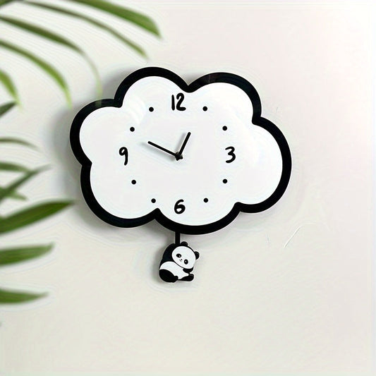 Acrylic Cloud Panda Wall Clock with Swinging Panda, Cartoon Silent Non-Ticking Decorative Wall Clock, Irregular Shape,