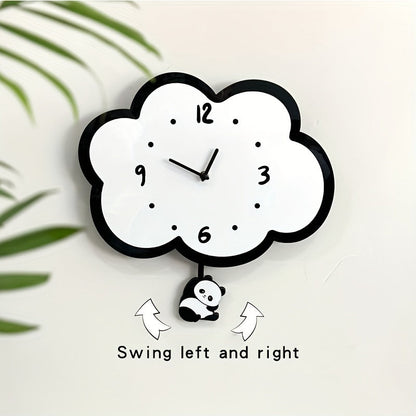 Acrylic Cloud Panda Wall Clock with Swinging Panda, Cartoon Silent Non-Ticking Decorative Wall Clock, Irregular Shape,