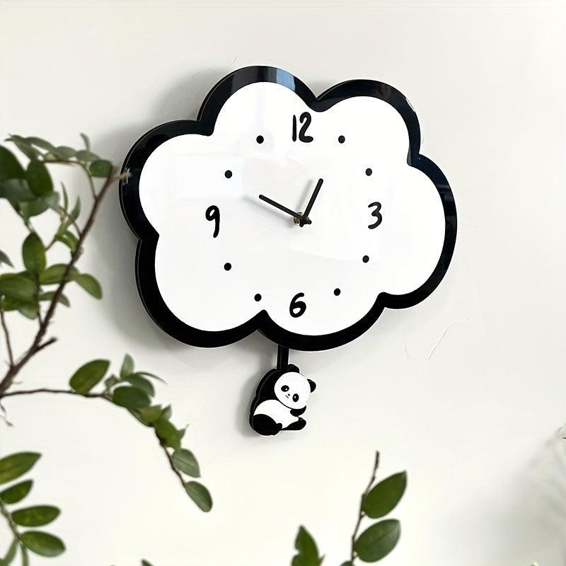 Acrylic Cloud Panda Wall Clock with Swinging Panda, Cartoon Silent Non-Ticking Decorative Wall Clock, Irregular Shape,