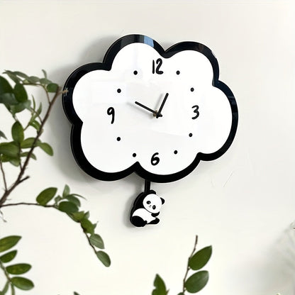 Acrylic Cloud Panda Wall Clock with Swinging Panda, Cartoon Silent Non-Ticking Decorative Wall Clock, Irregular Shape,