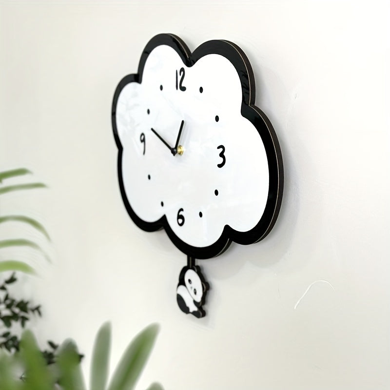 Acrylic Cloud Panda Wall Clock with Swinging Panda, Cartoon Silent Non-Ticking Decorative Wall Clock, Irregular Shape,